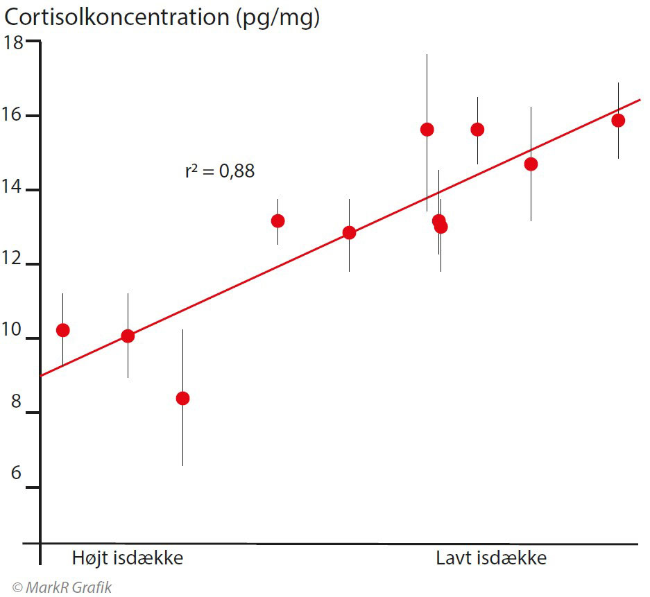 Cortisolkoncentration (pg/mg), r2 = 0,88, Højt isdække, Lavt isdække.